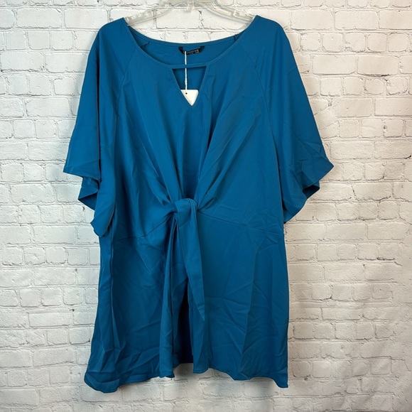 BloomChic Teal Flutter Sleeve Tie Front Keyhole Blouse Top Plus Size 26 4X - Picture 2 of 5